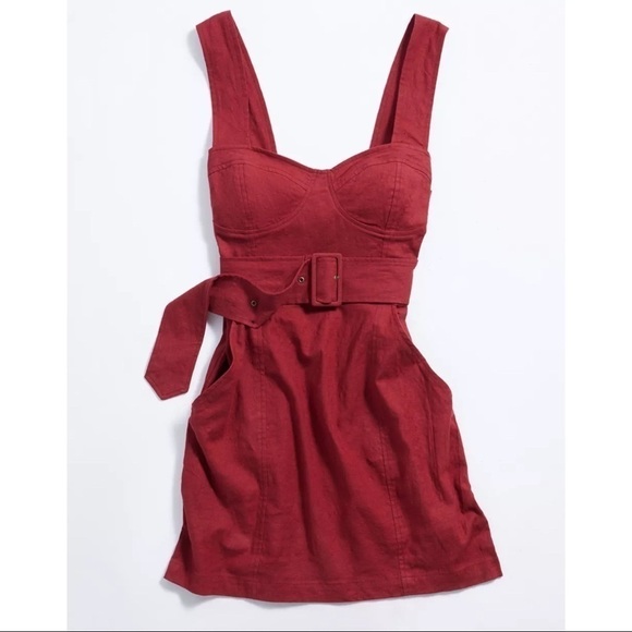 UO Angelique Belted Stretch Linen Dress Wine New 4 - Picture 3 of 13